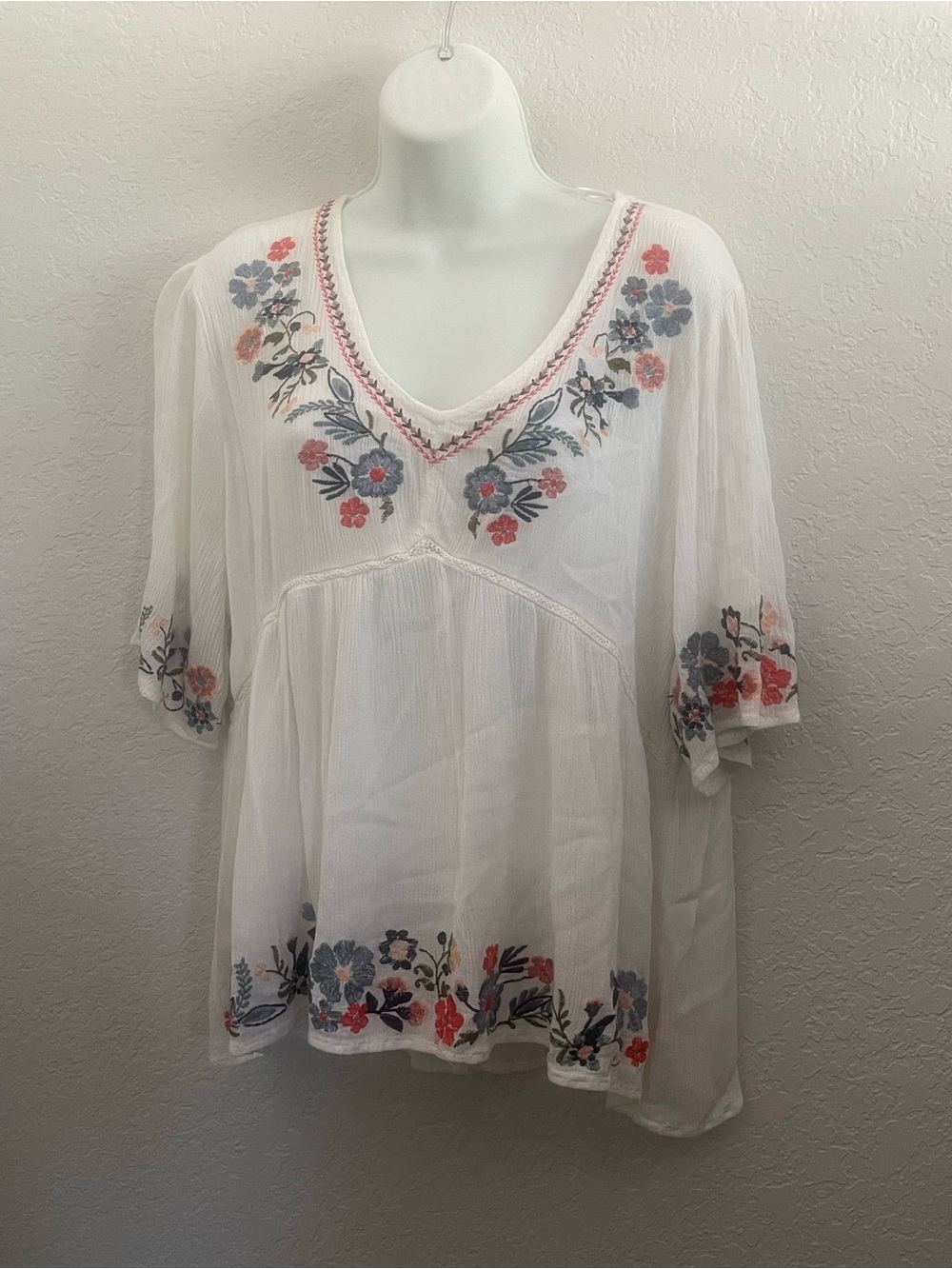 Knox Rose White V-Neck Embroidered Boho Top with Blue and Coral Floral Accents